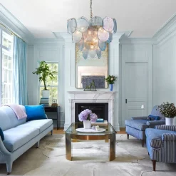 Glam Blue Iridescent Swirl Glass Round Tiered Chandelier
