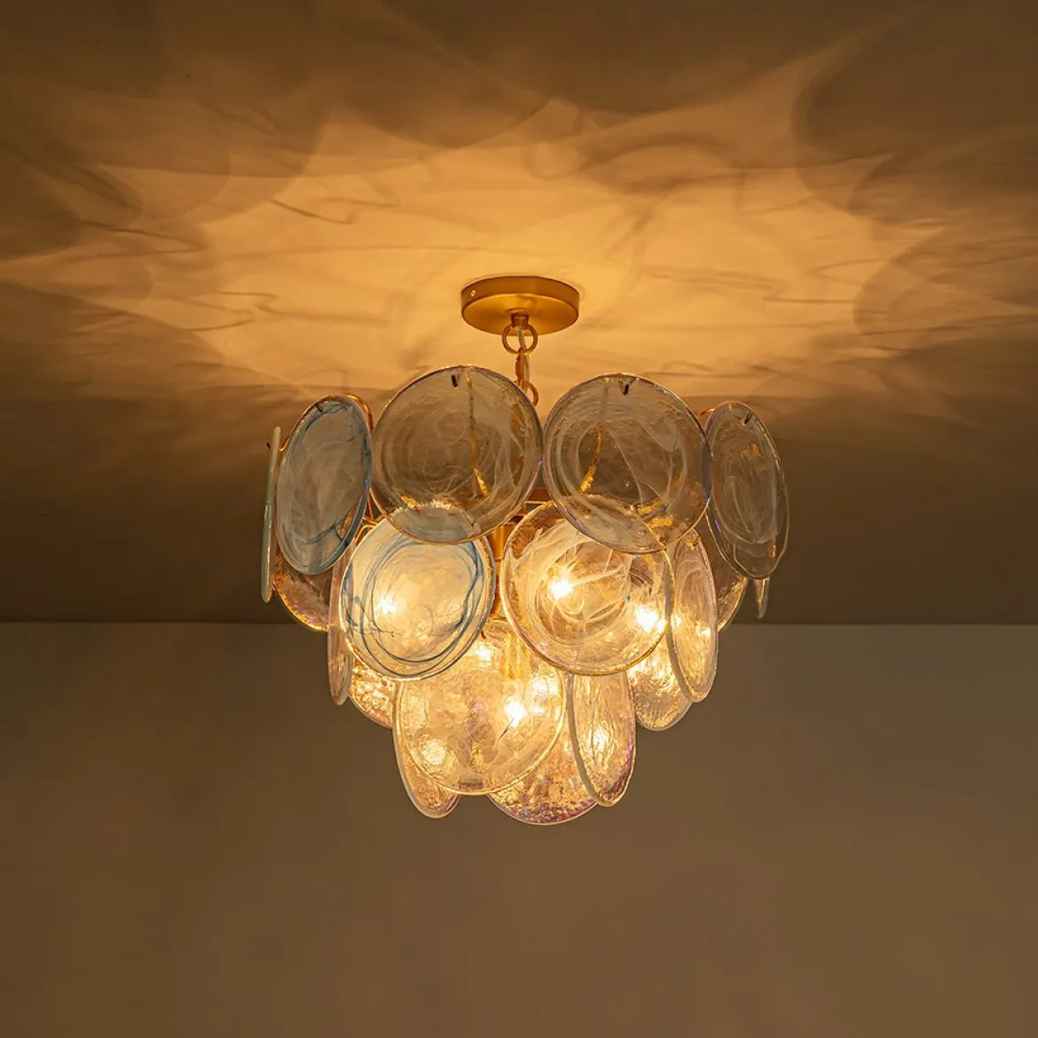 Glam Blue Iridescent Swirl Glass Round Tiered Chandelier