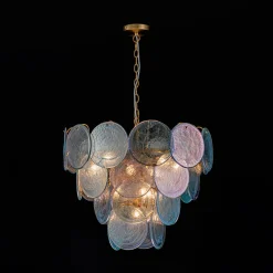Glam Blue Iridescent Swirl Glass Round Tiered Chandelier