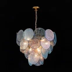 Glam Blue Iridescent Swirl Glass Round Tiered Chandelier