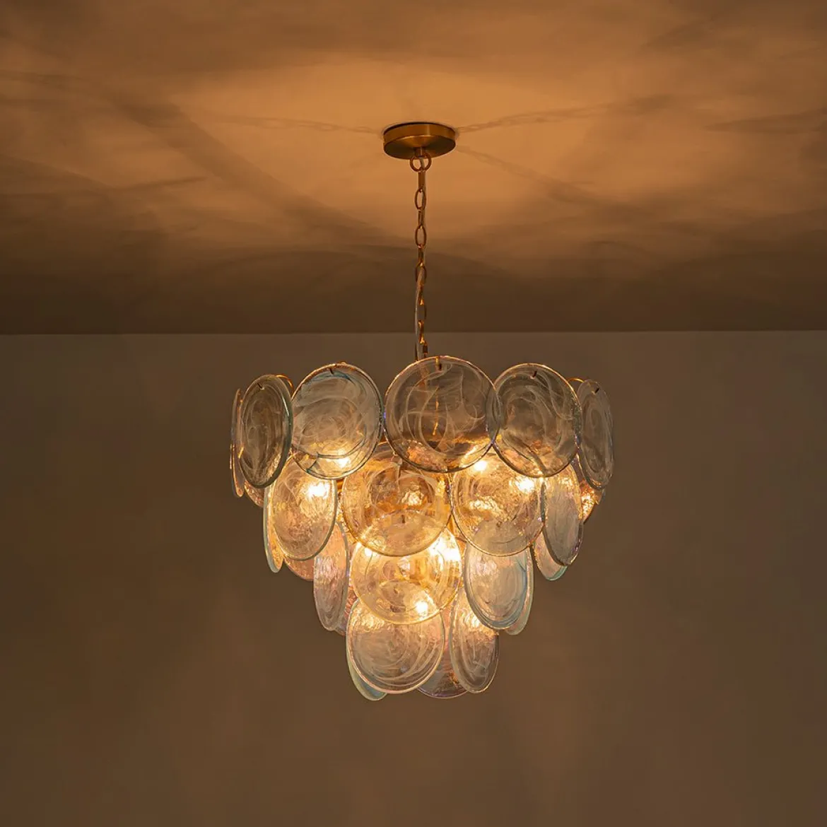 Glam Blue Iridescent Swirl Glass Round Tiered Chandelier