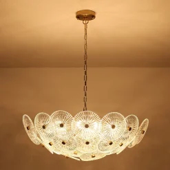 Glam Brass Ribbed Glass Floral Round Basket Chandelier