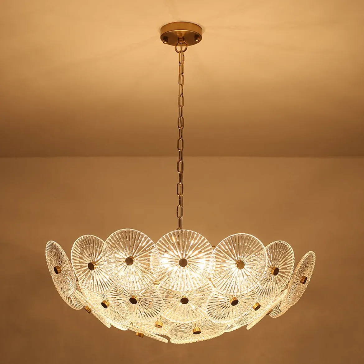 Glam Brass Ribbed Glass Floral Round Basket Chandelier
