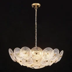 Glam Brass Ribbed Glass Floral Round Basket Chandelier