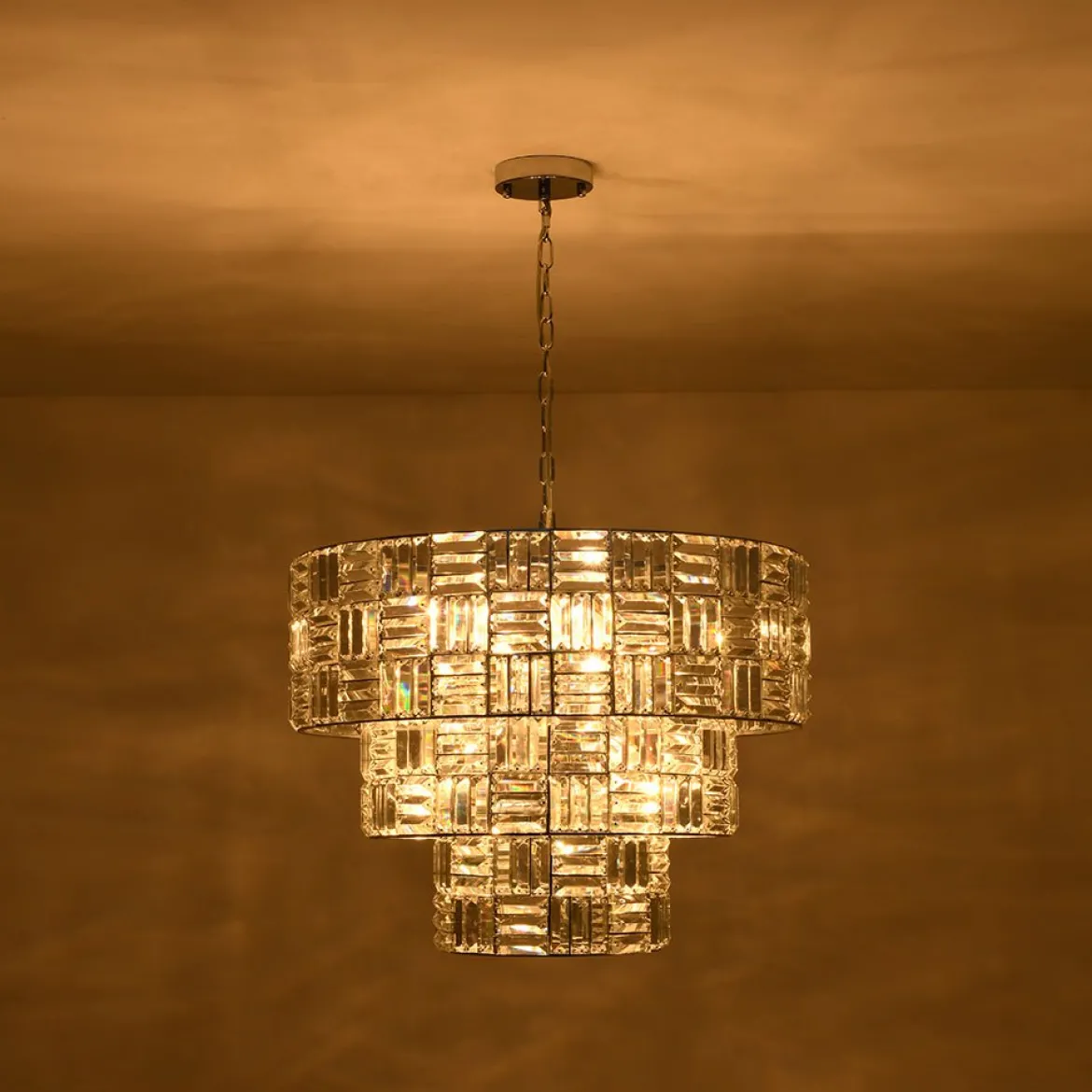 Glam Chrome Spark Cut Crystal Tiered Round Chandelier