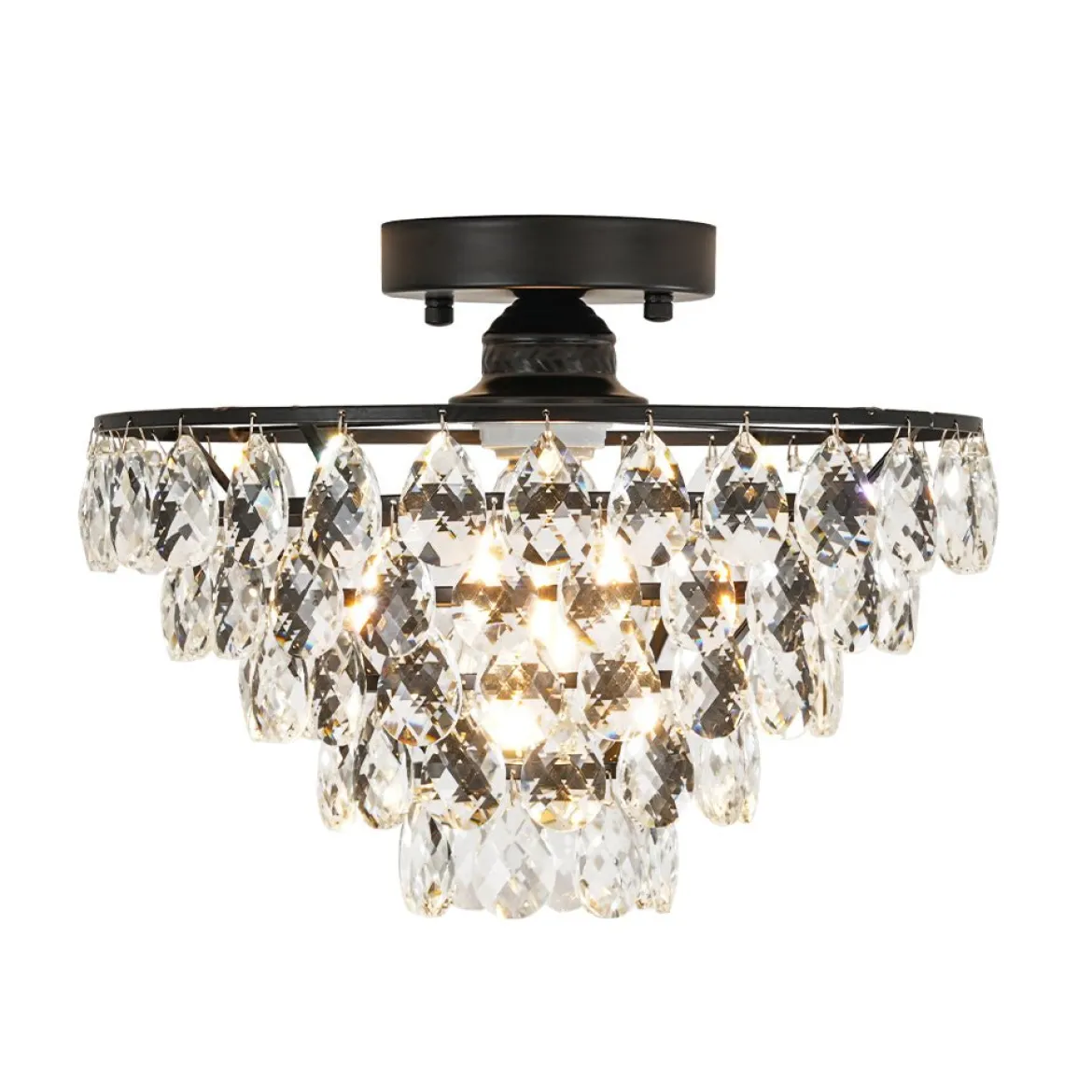 Glam Faceted Crystal Round Tiered Semi Flush Mount Light