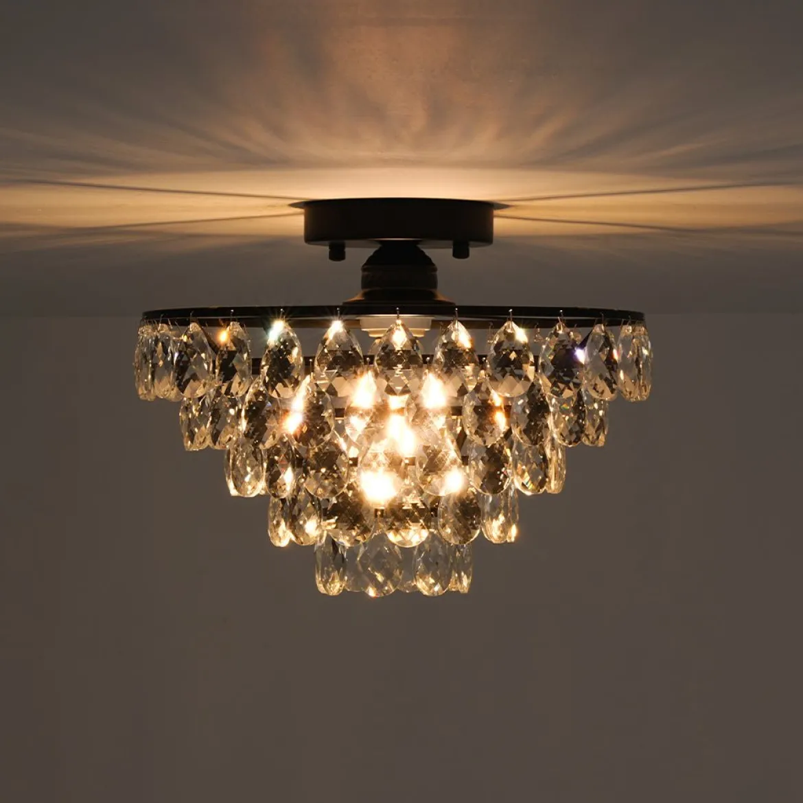 Glam Faceted Crystal Round Tiered Semi Flush Mount Light
