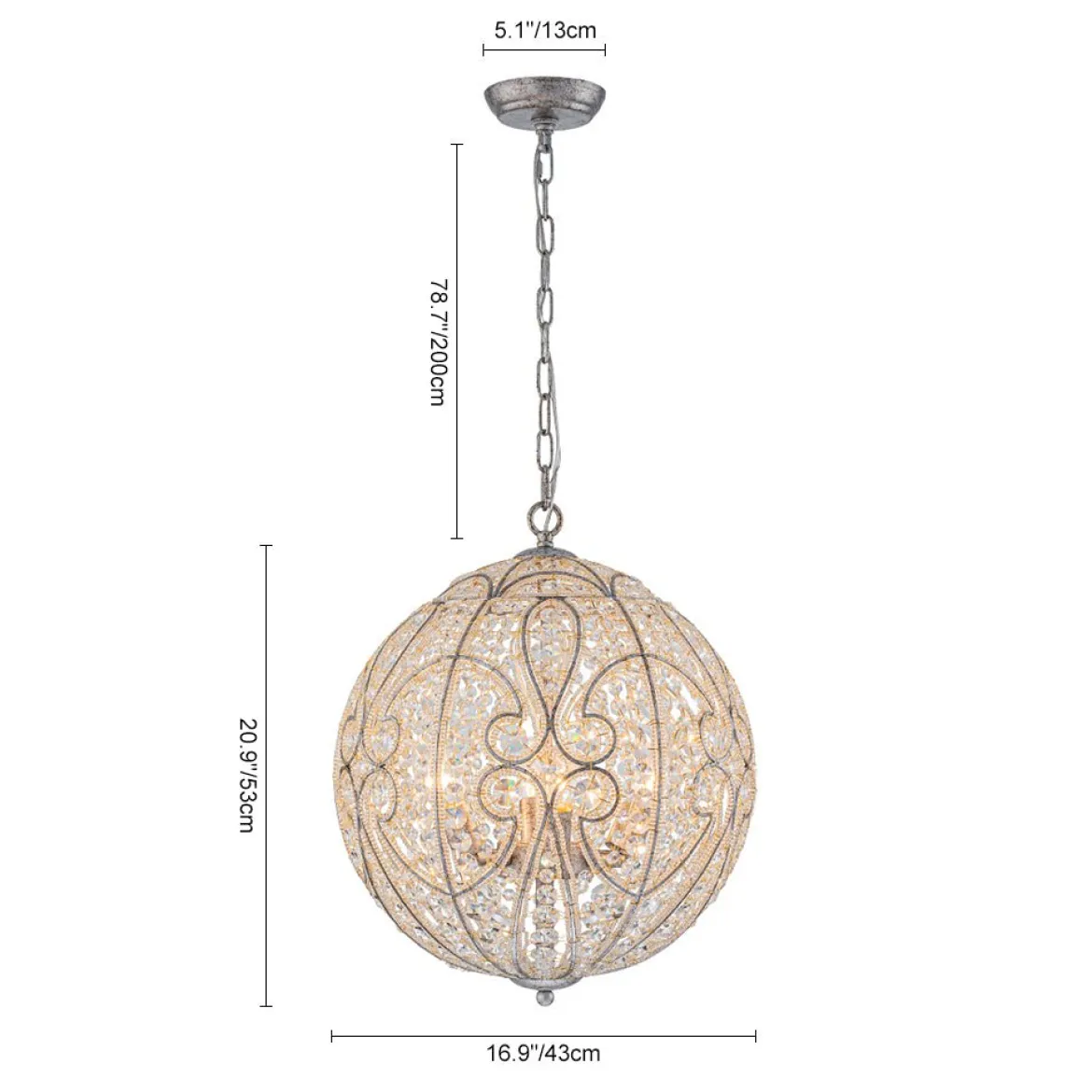 Glam Shabby Chic Crystal Globe Chandelier Distressed Silver