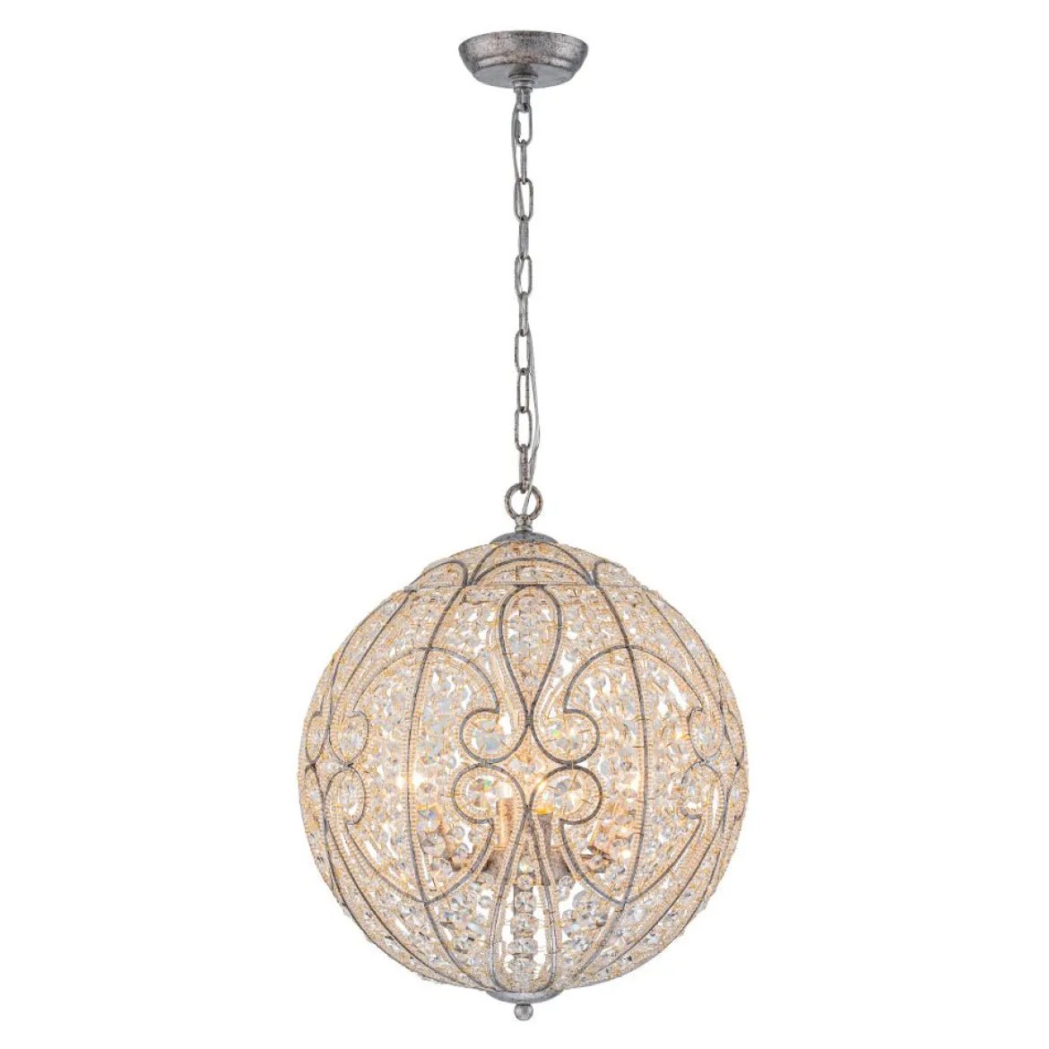 Glam Shabby Chic Crystal Globe Chandelier Distressed Silver