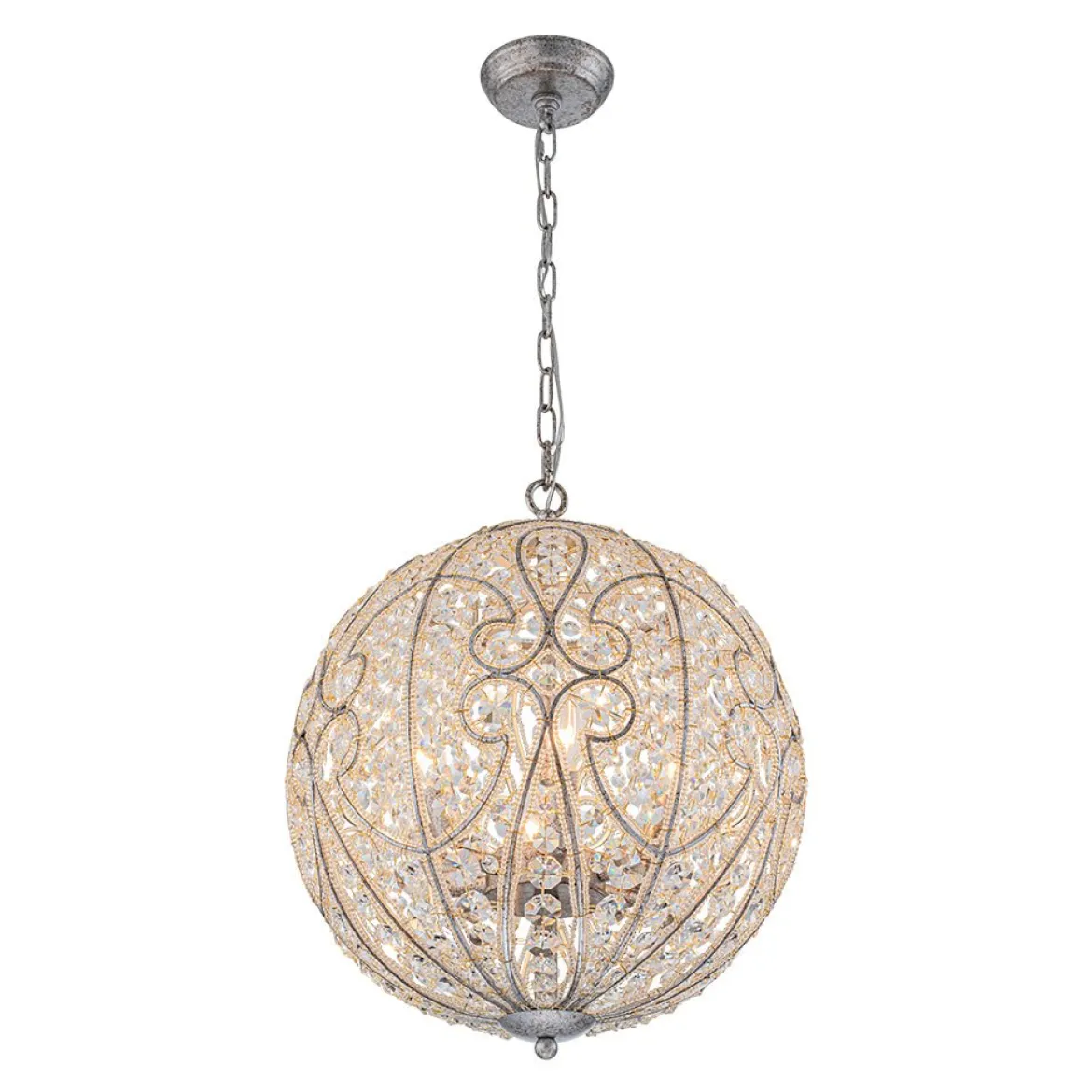 Glam Shabby Chic Crystal Globe Chandelier Distressed Silver