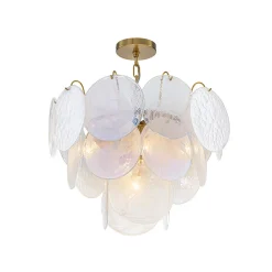 Glam White Iridescent Swirl Glass Round Tiered Chandelier
