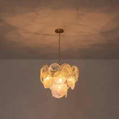 Glam White Iridescent Swirl Glass Round Tiered Chandelier