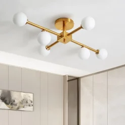 Gold Sputnik Frosted Glass Globe Semi Flush Mount Chandelier