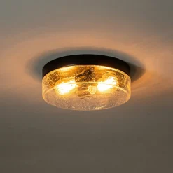 Industrial Black Round Seeded Glass Flush Mount Light