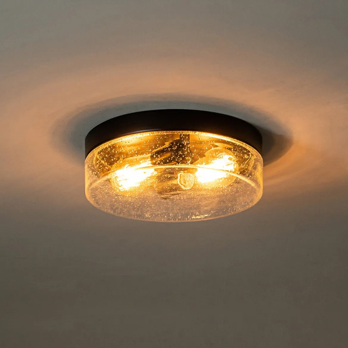 Industrial Black Round Seeded Glass Flush Mount Light