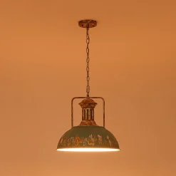 Industrial Farmhouse Distressed Teal Gold Metal Dome Pendant