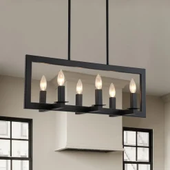Industrial 6-Light Candle Style Black Rectangular Island Chandelier