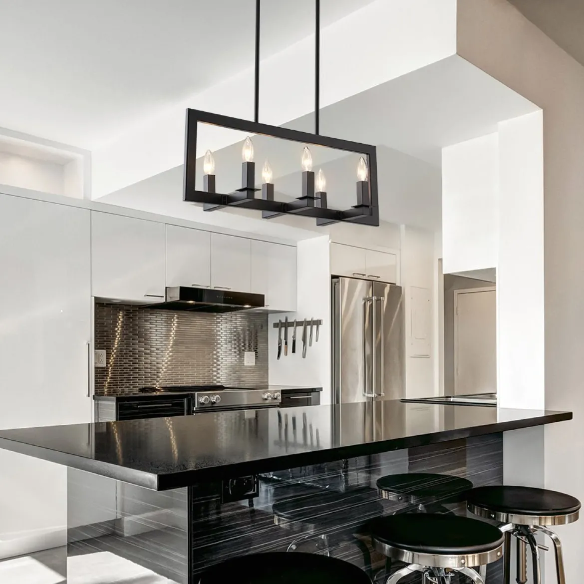 Industrial 6-Light Candle Style Black Rectangular Island Chandelier