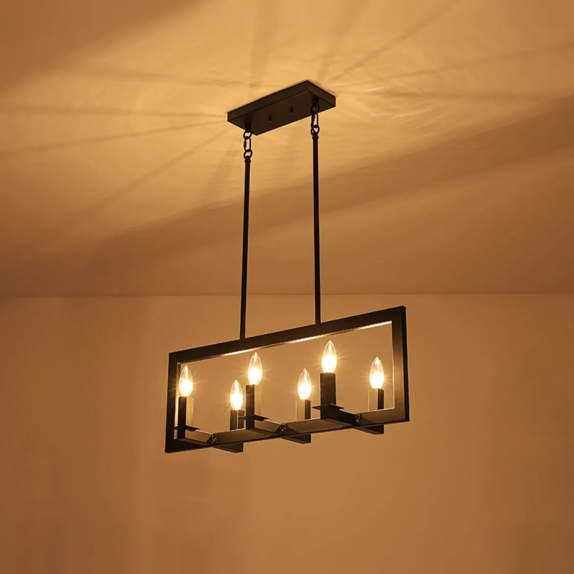 Industrial 6-Light Candle Style Black Rectangular Island Chandelier