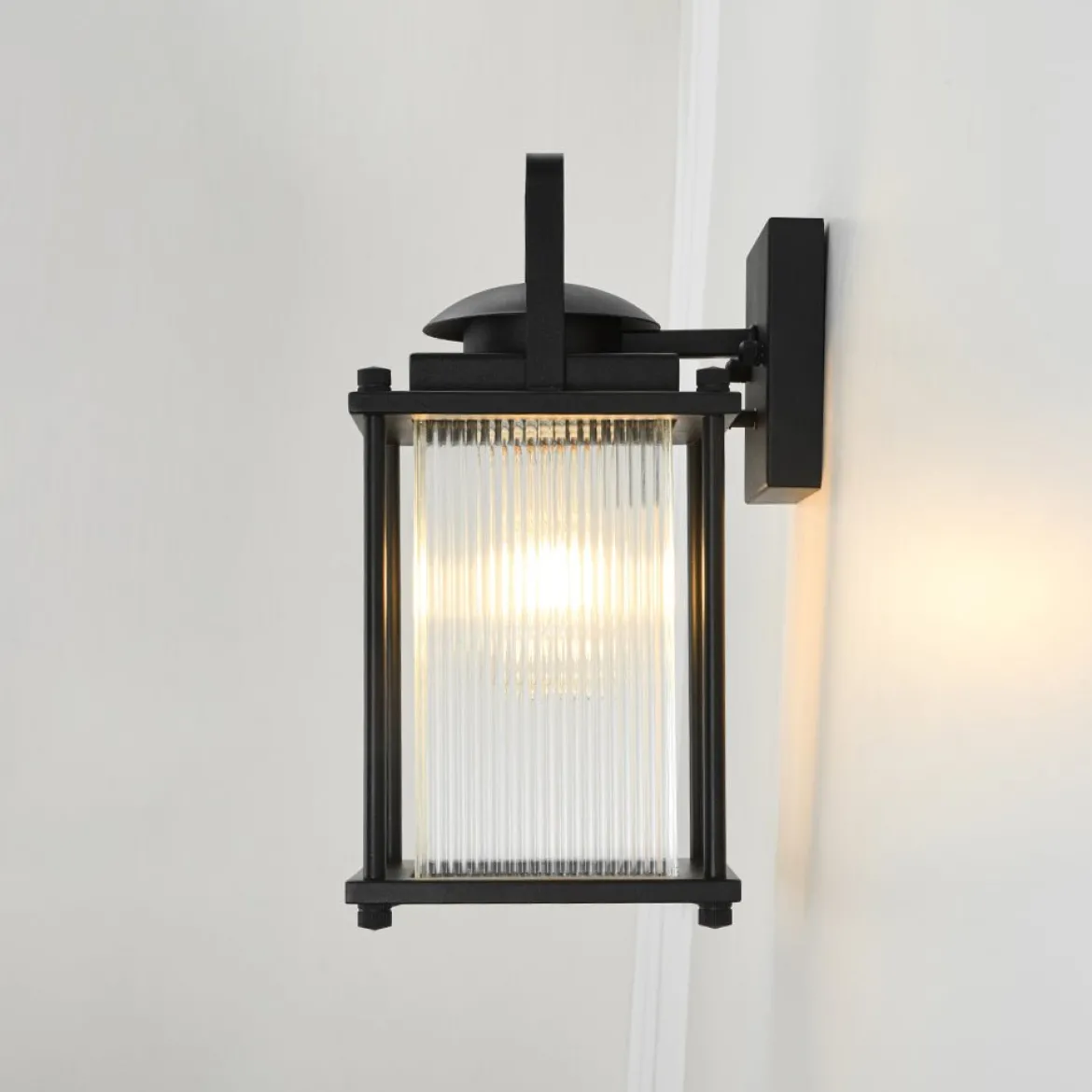 IP23 Black Ribbed Glass Square Outdoor Wall Lantern