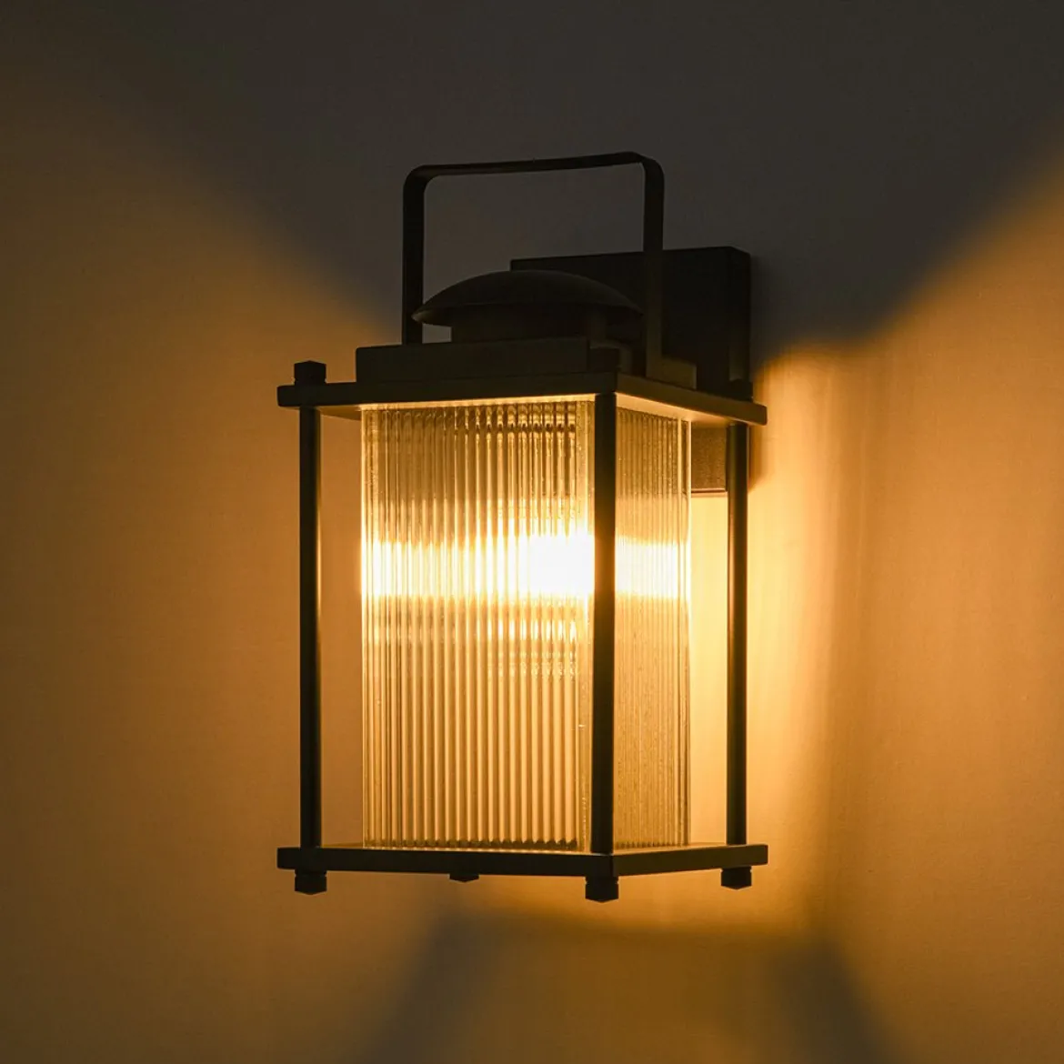 IP23 Black Ribbed Glass Square Outdoor Wall Lantern
