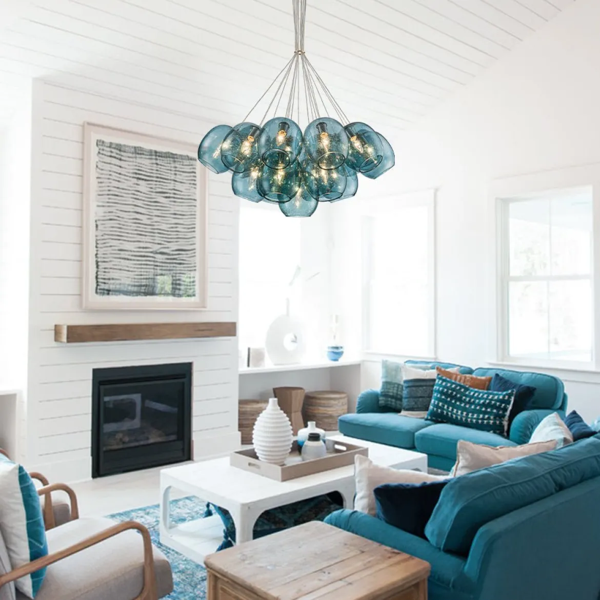 Lake House Cluster Blue Glass Globe Bubble Chandelier