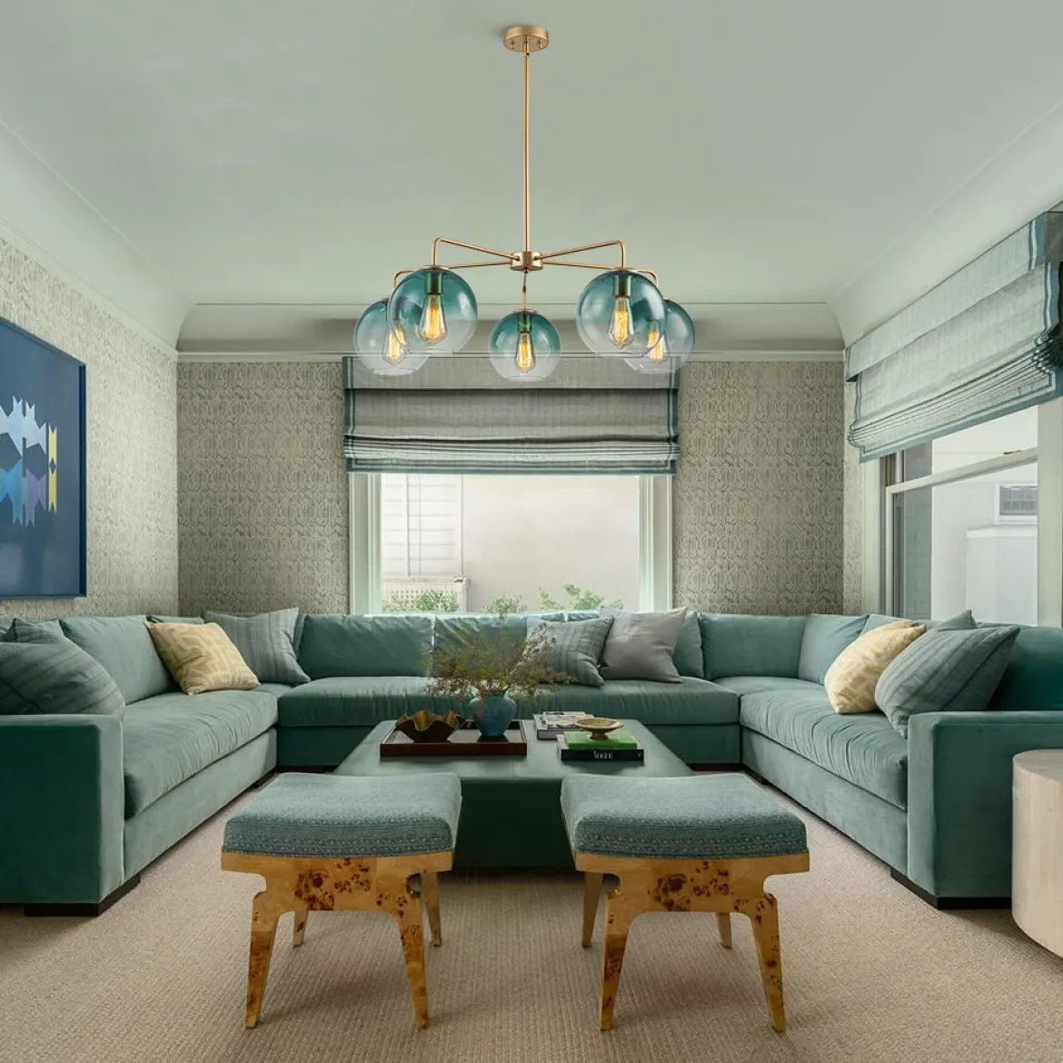 Lake House Green Glass Globe 5-Light Round Sputnik Chandelier