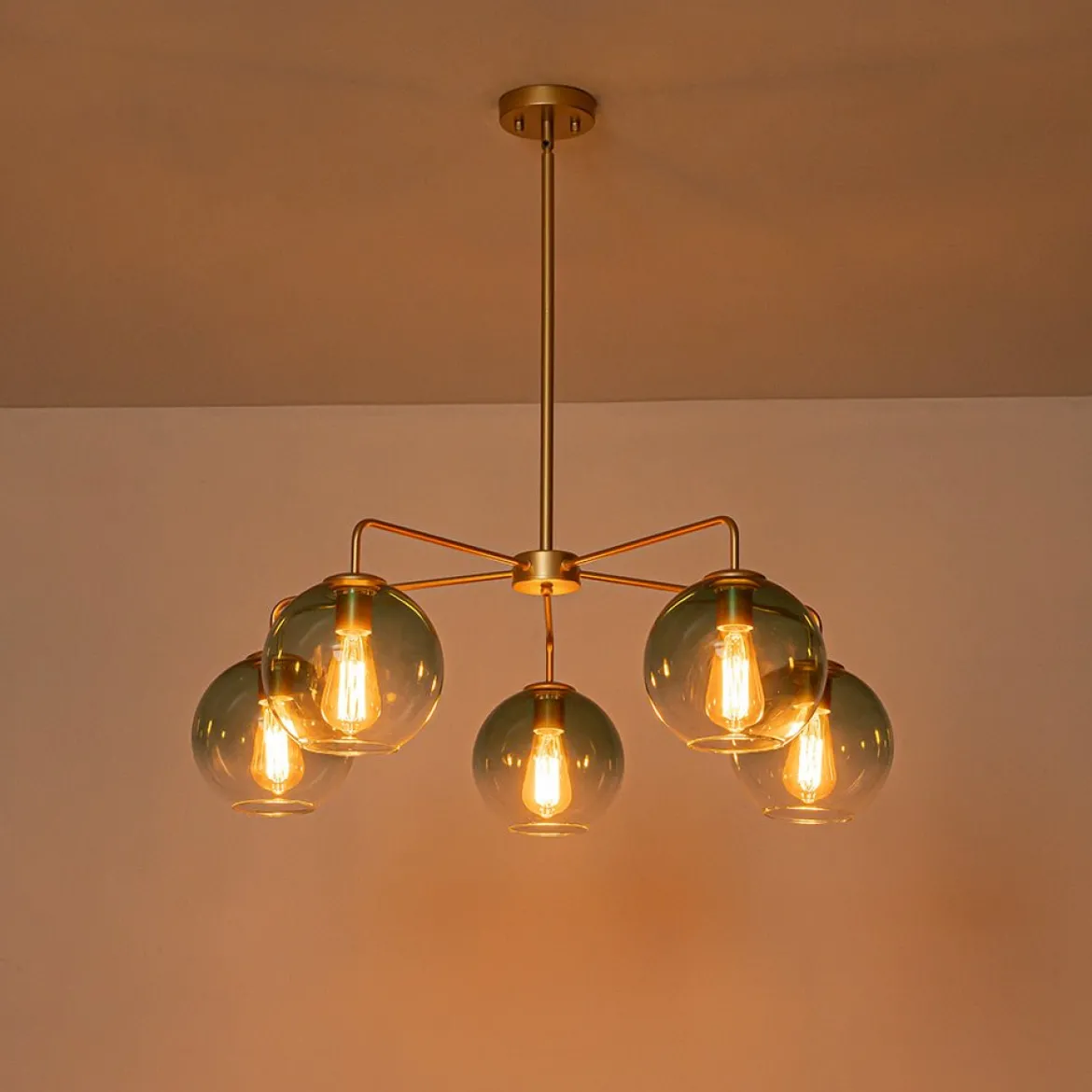 Lake House Green Glass Globe 5-Light Round Sputnik Chandelier