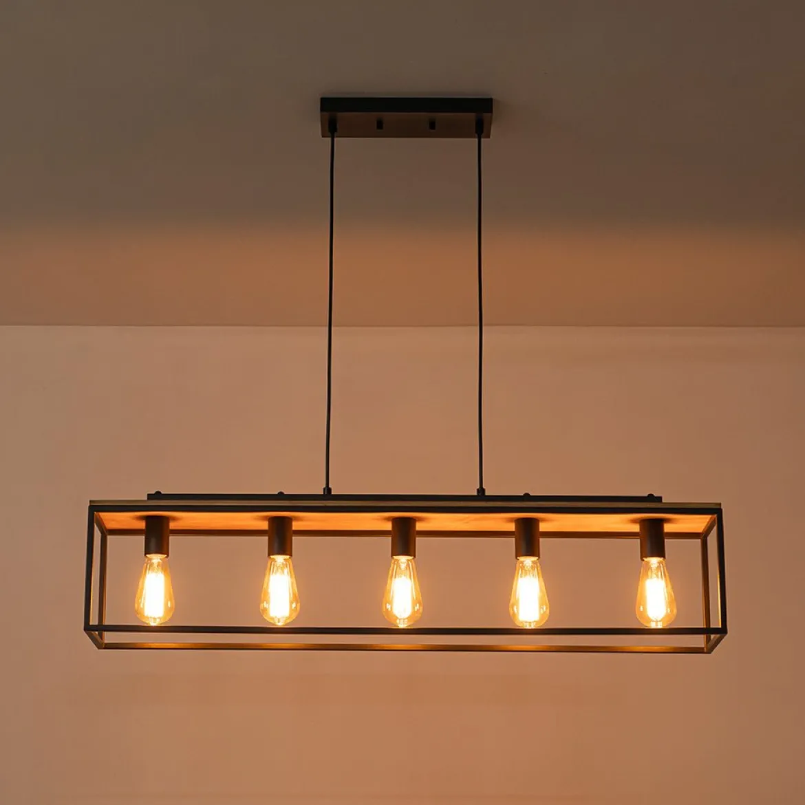 5-Light Aged Oak Iron Rectangle Cage Island Chandelier