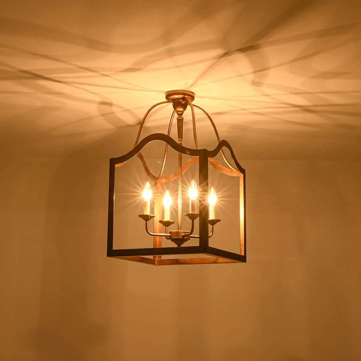 4-light Antique Bronze Candle Square Lantern Semi Flush