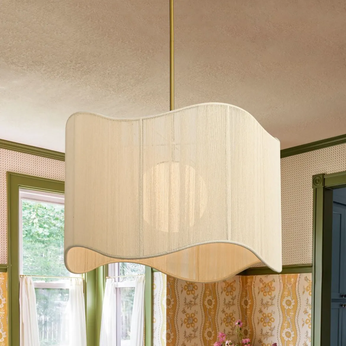 1-Light Beige Woven Thread Wavy Drum Cage Chandelier