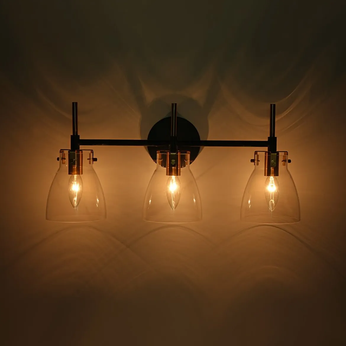 3-Light Black Brass Bell Glass Shade Vanity Wall Lamp