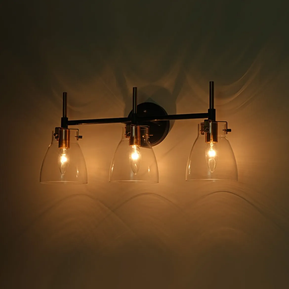 3-Light Black Brass Bell Glass Shade Vanity Wall Lamp
