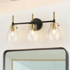 3-Light Black Brass Bell Glass Shade Vanity Wall Lamp