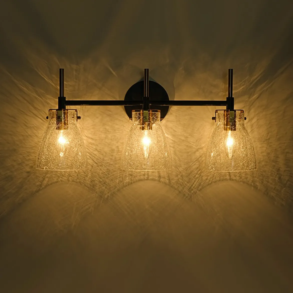 3-Light Black Brass Bell Glass Shade Vanity Wall Lamp