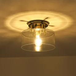 1-Light Black Brass Clear Glass Drum Semi Flush Mount
