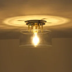 1-Light Black Brass Clear Glass Drum Semi Flush Mount