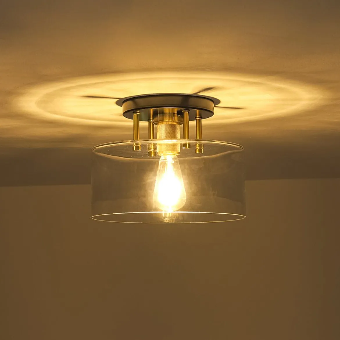 1-Light Black Brass Clear Glass Drum Semi Flush Mount