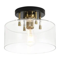 1-Light Black Brass Clear Glass Drum Semi Flush Mount