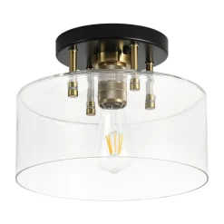 1-Light Black Brass Clear Glass Drum Semi Flush Mount