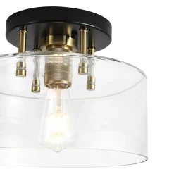 1-Light Black Brass Clear Glass Drum Semi Flush Mount