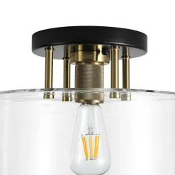1-Light Black Brass Clear Glass Drum Semi Flush Mount