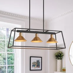 3-Light Black Brass Rectangle Cage Island Chandelier
