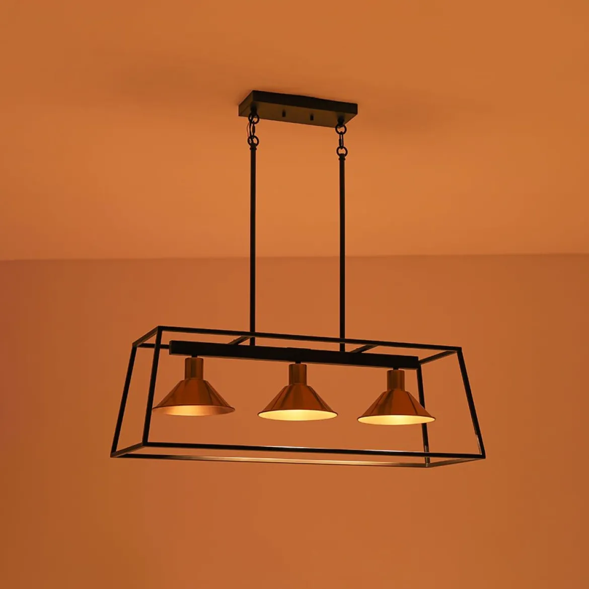 3-Light Black Brass Rectangle Cage Island Chandelier