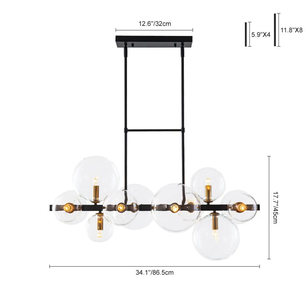 12-Light Black Brass Sputnik Glass Bubble Linear Island Pendant
