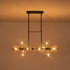 12-Light Black Brass Sputnik Glass Bubble Linear Island Pendant