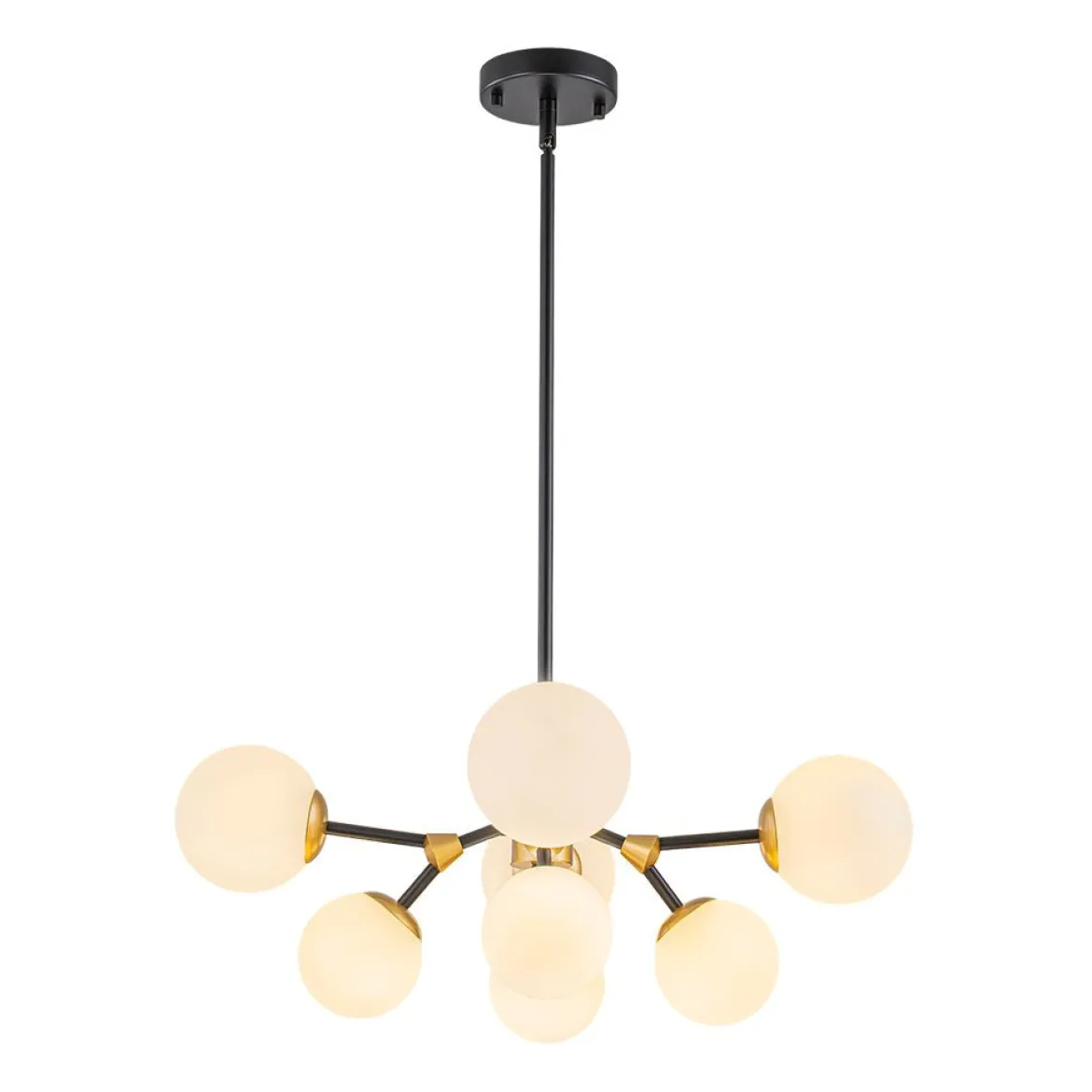 8-Light Black Brass White Glass Globe Round Sputnik Chandelier