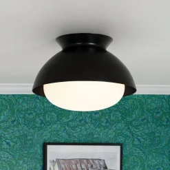 1-Light Black Dome Frosted Glass Shade Semi Flush Mount