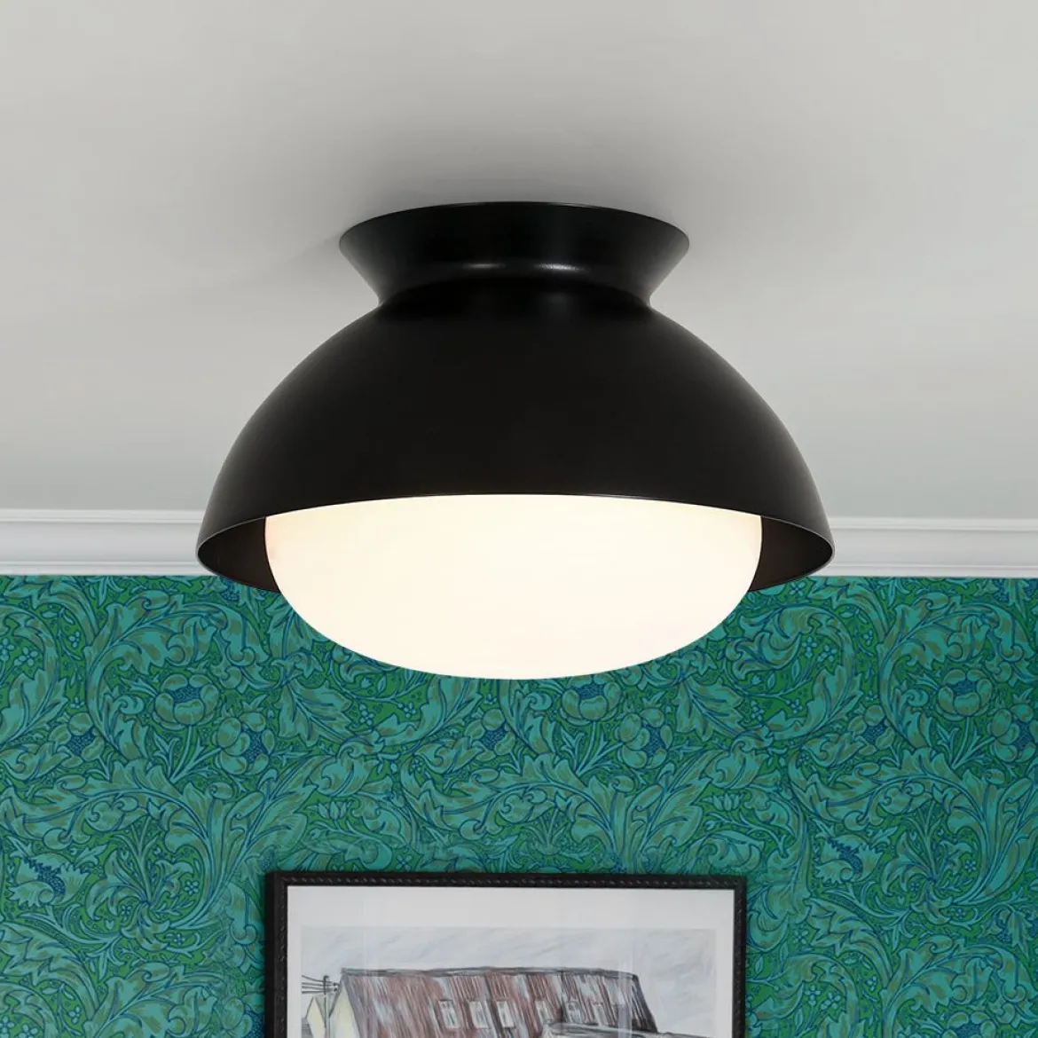 1-Light Black Dome Frosted Glass Shade Semi Flush Mount