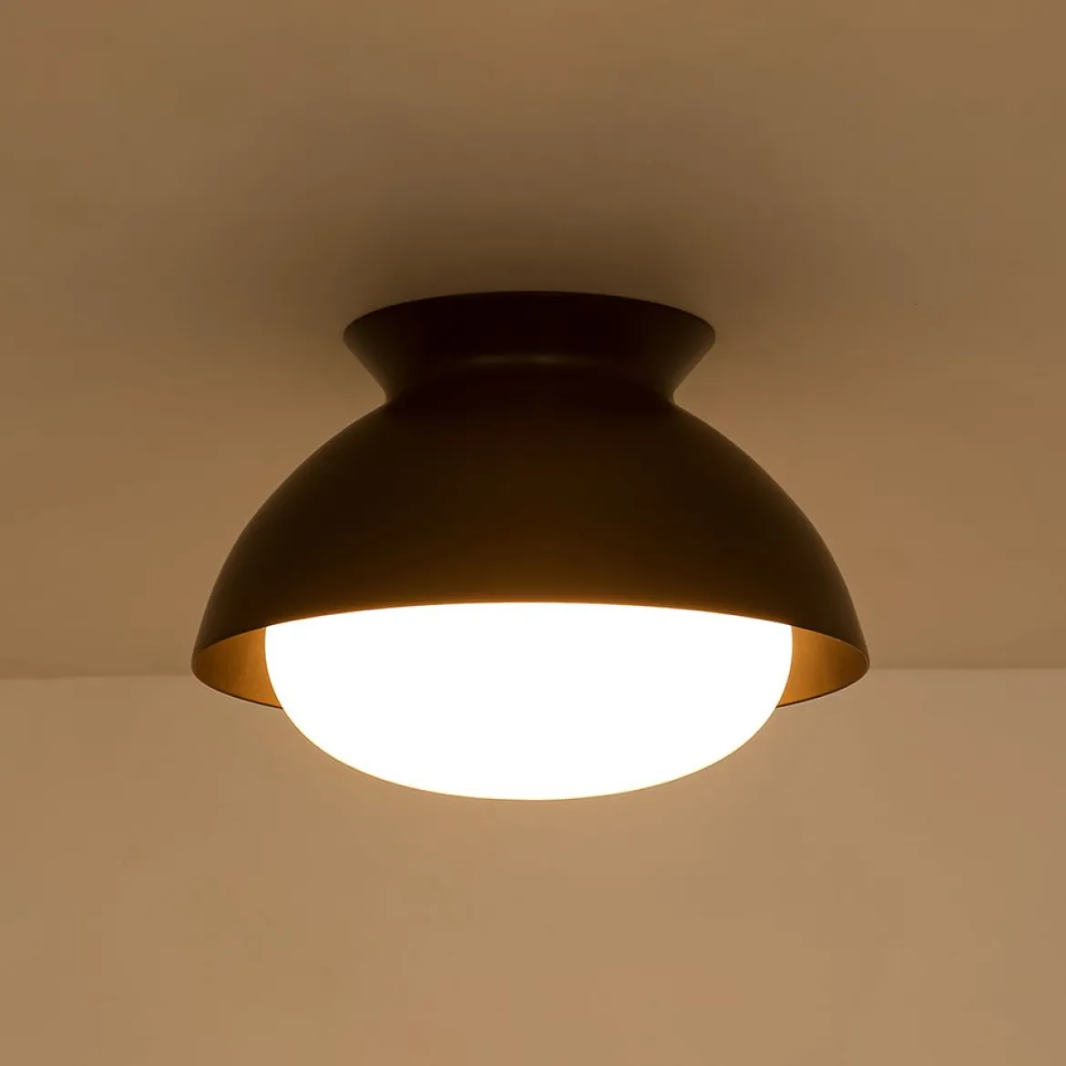 1-Light Black Dome Frosted Glass Shade Semi Flush Mount